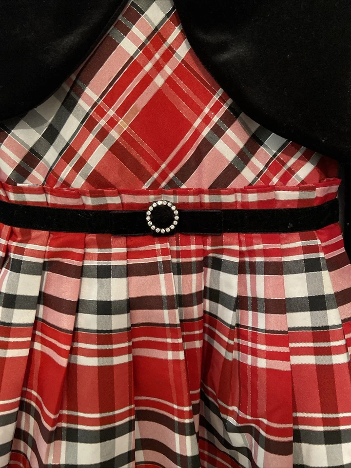 Jona Michelle Girls Red Plaid Dress W Black Velvet Sweater W Faux Fur Collar 6 - Image 3 of 4