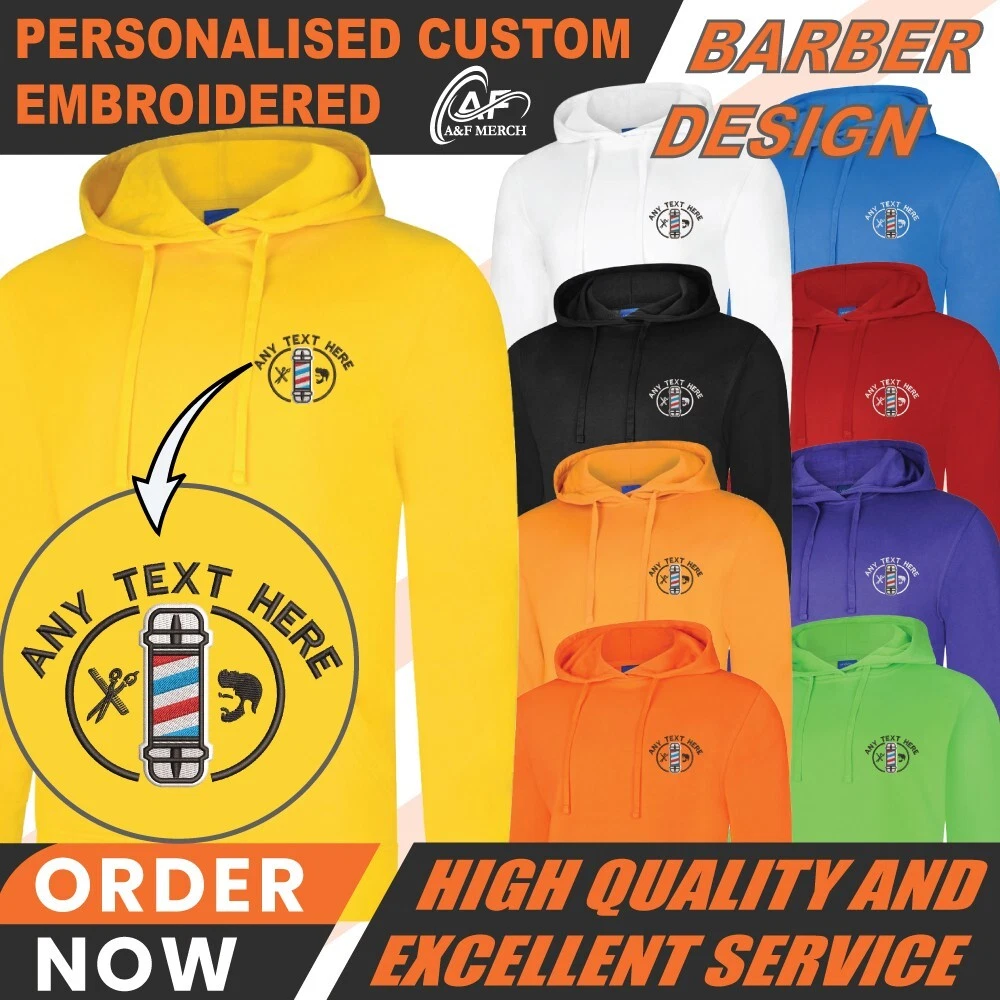 Personalised Custom Embroidered Hoodie Your Text Barber Design Hair Saloon Spa