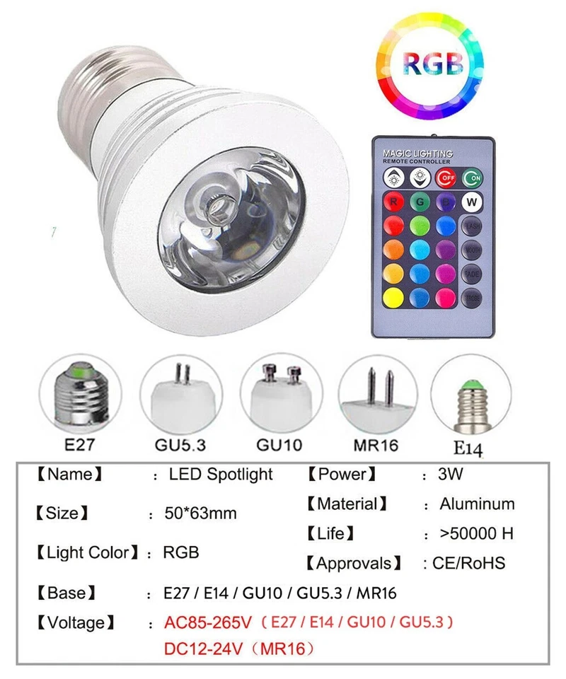 3W RGB LED Spotlight Bulb E27 GU10 GU5.3 MR16 85-265V 12V Remote Control Lamp BC - Image 2 of 4