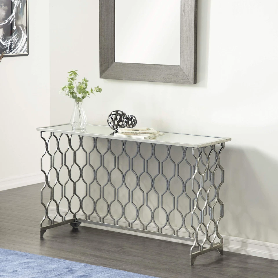 Metal Geometric Console Table with Mirrored Glass Top, 55" x 18" x 32", Silver - Image 2 of 4
