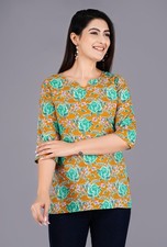 Indian Women Yellow Pure Cotton Floral Printed Kurta Kurti Top Tunic Dress