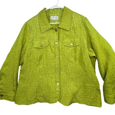 Erin London Jacket Women 1X Lime Green Textured Crinkle Button Up Lagenlook Bold