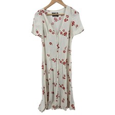 Reformation Dress Womens 6 White Floral Lacey Midi Button Front Short Sleeve