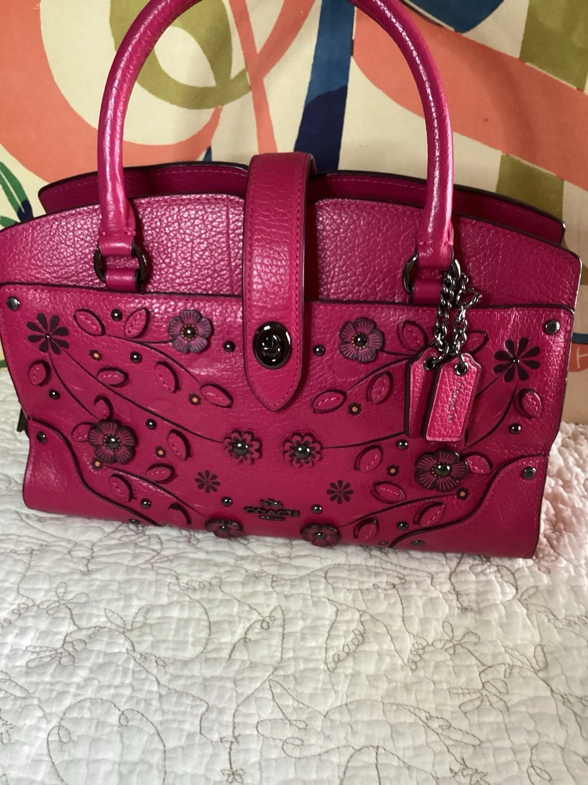 Borsa Coach rosa salice tè rosa floreale 3 scomparti borsa in pelle con tracolla