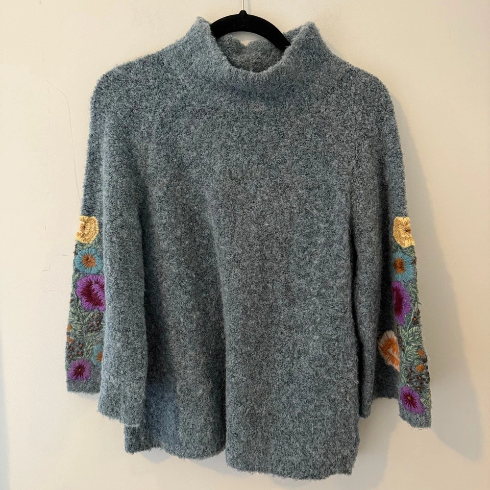 Sleeping On Snow Embroidered Floral Mock Neck Bell Sleeve Cozy Knit Sweater M - Image 2 of 4