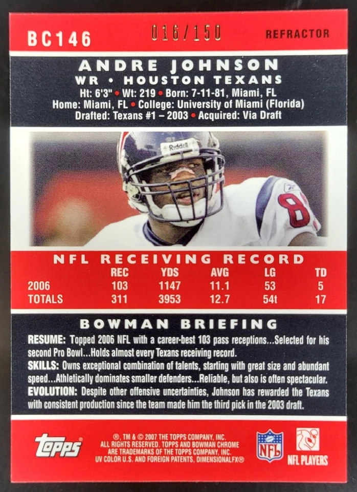 2007 Bowman Chrome Andre Johnson Blue Refractor /150 #BC146 Houston Texans MV - Image 2 of 4