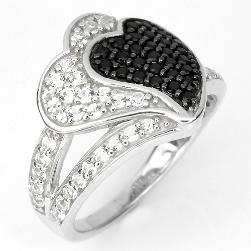 GENUINE 0.55ct Black Spinel & White Topaz Twin Heart Ring Solid S/Silver 925! - Picture 3 of 7