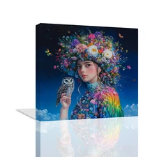 Dream Girl Poster Prints Wear Colorful Flowers on Their Heads Canvas Wall Art 54