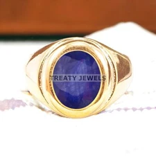 Blue Sapphire Oval Cut With 925 Sterling Silver Gold Plated Ring For Men #A236 *