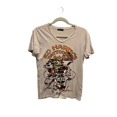 Ed Hardy V Neck Short Sleeve T Shirt Cream Tattooing Graphic Tee Mens Size L