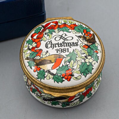 Halcyon Days Enamels Trinket Box Christmas 1981 Robin Bird Holly Berries
