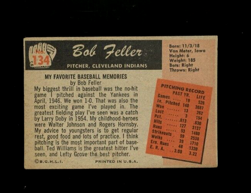1955 Bowman #134 Bob Feller knitterfrei, hat aber Flecken sehr guter Zustand - Bild 2 von 7