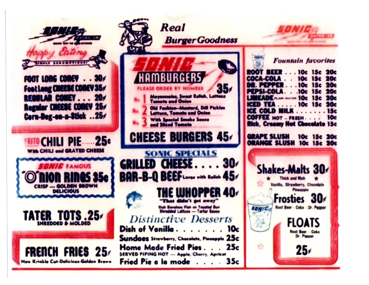 Sonic's first menu (1959)  Vintage menu, Fast food menu, Diner menu