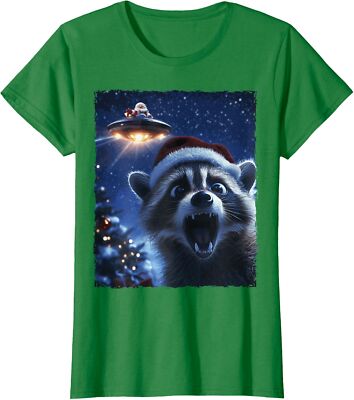 Funny Raccoon Selfie Santa Ufo Xmas Christmas Ladies' Crewneck T-Shirt
