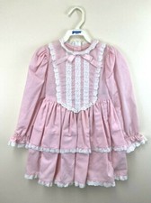 Custom Vintage 2T 3T Pink White Swiss Dot Tiered Eyelet Ribbon Dress 80's