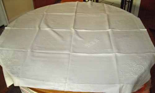 Bufanda de mesa cuadrada vintage blanca HEARTS VINES 45" algodón/lino iniciales MBA ~ - Imagen 11 de 18