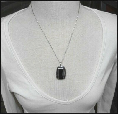 Vintage 925 Sterling Silver Necklace With Rectangle Shaped Black Onyx Pendant