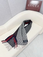 Gucci GG Monogram Brown Cashmere Scarf Red Blue Stripe Fringe 30x180cm Unisex