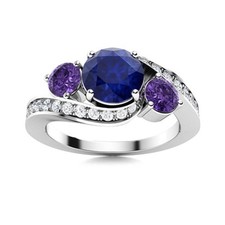 5MM Round Blue Sapphire Amethyst 925 Sterling Silver Three Stone Wedding Ring