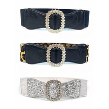 Women Stretchy Waistband Fashionable Glitters Sequins Belt Leopards Pattern Belt