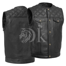 DK Men’s Leather Motorcycle Vest Concealed Carry Diamond Stitch Armor Black