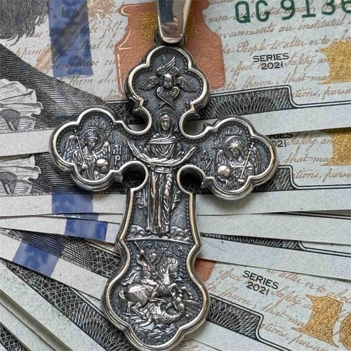 Cross Jesus Silver 925 Pendant Jewelry St. George Marry Orthodox Men Vintage Old