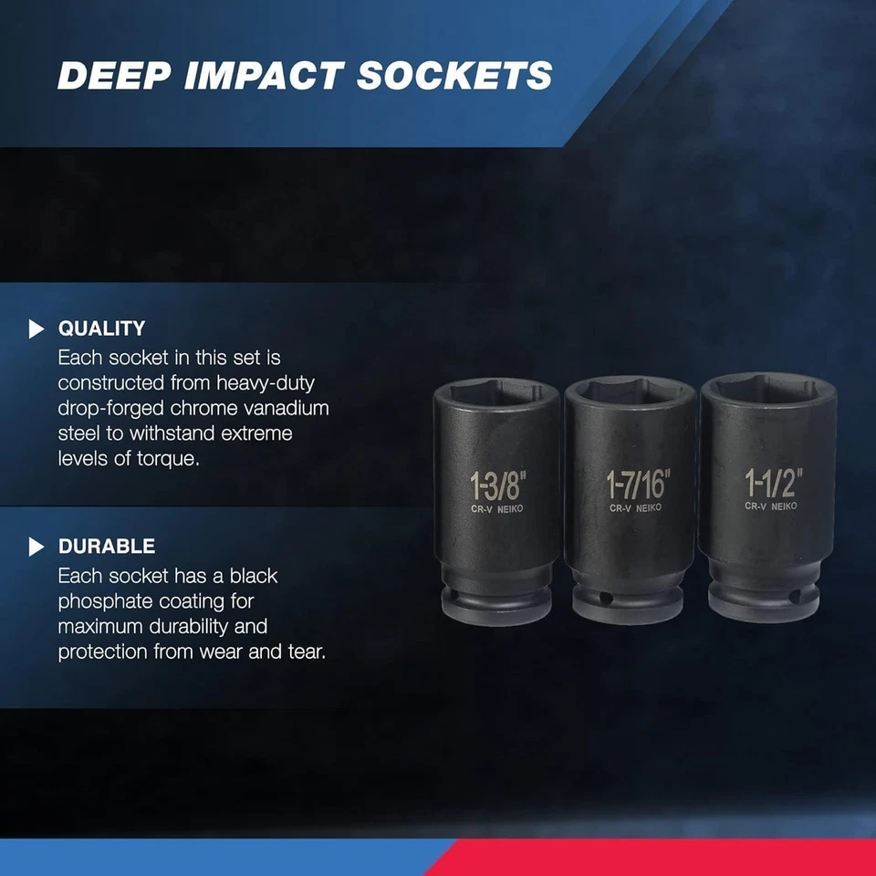 02461A 3/4 Inch Drive Impact Socket Set, SAE 1” to 1-1/2”, 8 PC, Deep/Jumbo S... - Image 2 of 4