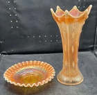 PAIR OF VINTAGE CARNIVAL DUGAN PO ITEMS HONEYCOMB & BEADS BOWL AND TARGET VASE