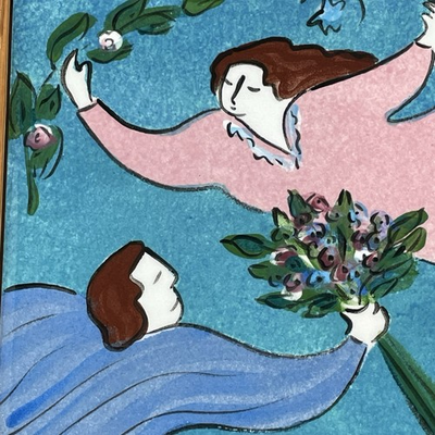 #ad Rare Carol Keiser Painted Wall Art Floating Lovers Framed Woman Man Flowers Blue $33.60