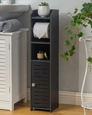 Slim Toilet Paper Holder Stand Cabinet Bathroom Storage Organizer Shelves Black
