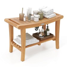 30" Large Teak Shower Stool with Storage Shelf Non-slip & Adjustable Foot Pads