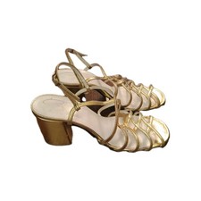 Vtg CARLTON ORIGINALS Gold Metallic Strappy Slingback 2.5" Chunky Sandals sz 7 B
