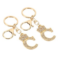 Initial Letter Keychain, 2 Pcs Letter C Crown Design Charm, Gold Tone