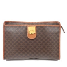 CELINE Macadam PVC Leather Clutch Bag Brown Gold HDW Zipper Authentic