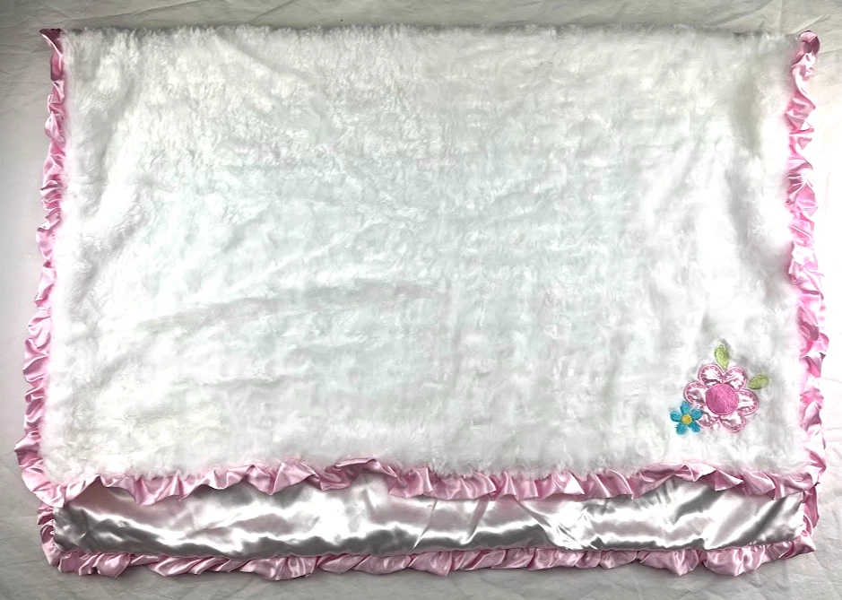 Baby Starters Girl Flower Pink Satin Ruffle Trim White Rosette Fluffy Blanket - Image 2 of 3