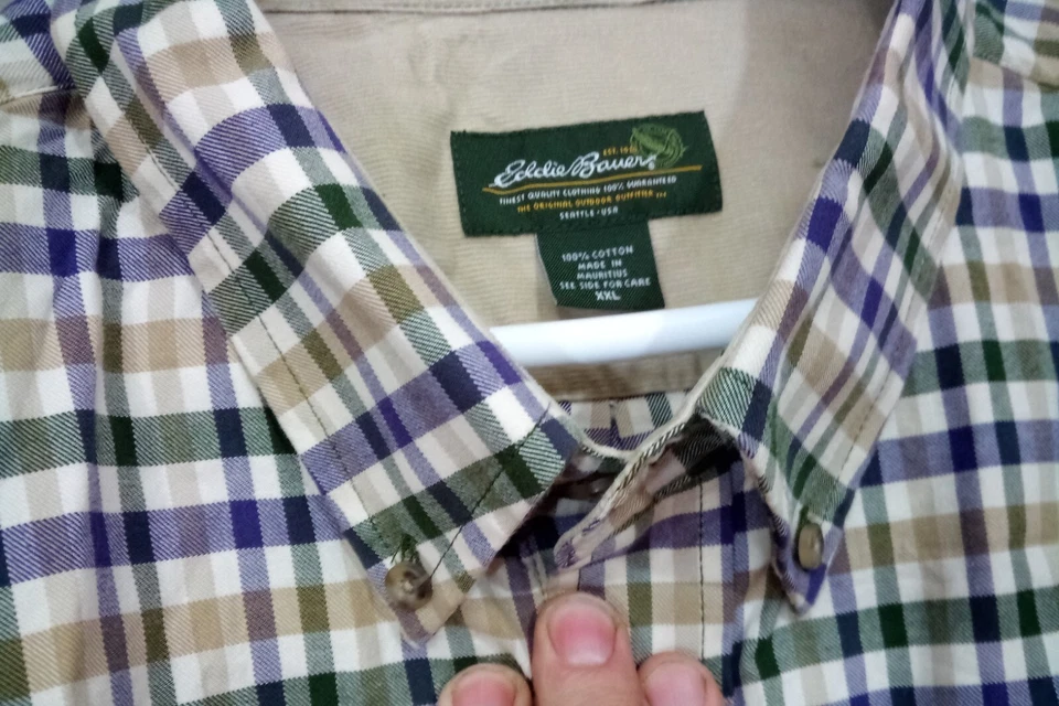 Camisa Eddie Bauer Para Hombres XXL Verde Azul Beige Abotonada 100% Algodón Foto 3 de 4