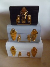 Set of 3 Small Metal Storage Trunks Chests in Three Colours Lockable Lids Multi