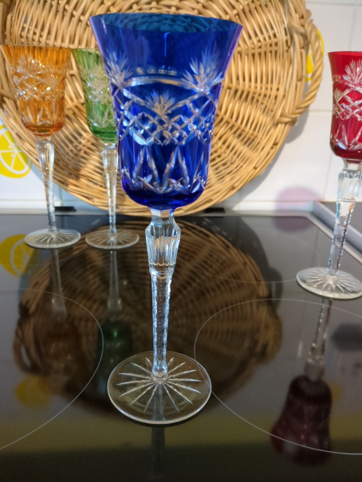 Vintage Bohemian Crystal Wine Glasses Harlequin Coloured x 4 With