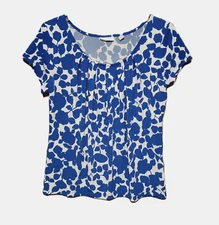 New York Company M Top Blouse Blue White Floral Retro Coastal Casual Cottage Mod