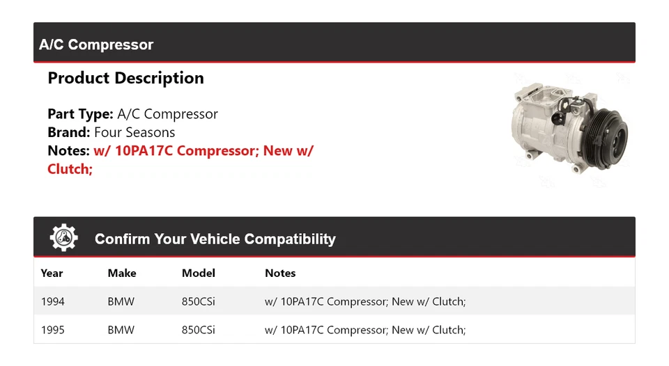Compresor de aire acondicionado para BMW 850CSi 1994-1995 4 estaciones Foto 2 de 4