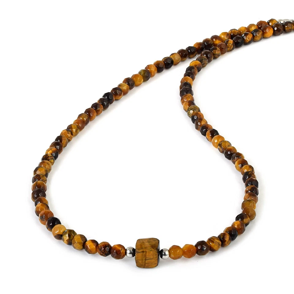 Gioielli Regalo Naturale Occhio di Tigre Gemma 4mm Collana Perle 925 Argento - Immagine 3 di 4