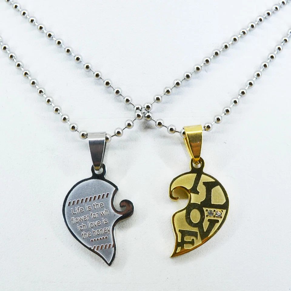 Doppia Collana ciondolo acciaio cuore spezzato uomo donna fidanzati amore metà - Immagine 4 di 4