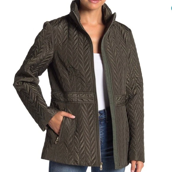 NWT Kate Spade Hooded Quilted Jacket Olive Green Size Small Polyester Zip Up