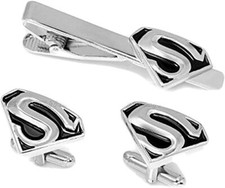 Black and Silver Superman Tie Clip and Cufflinks Set for Men and Women
