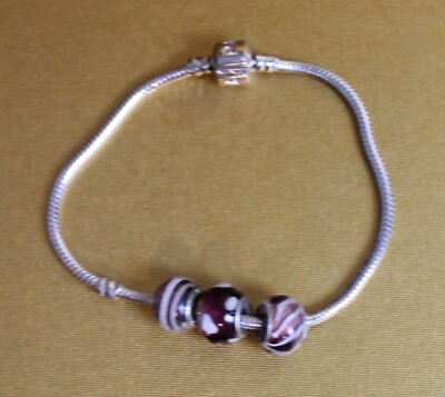 Pandora Moments 925 Sterling Snake 3 Glass Beads Bracelet Barrel Clasp Size 7''