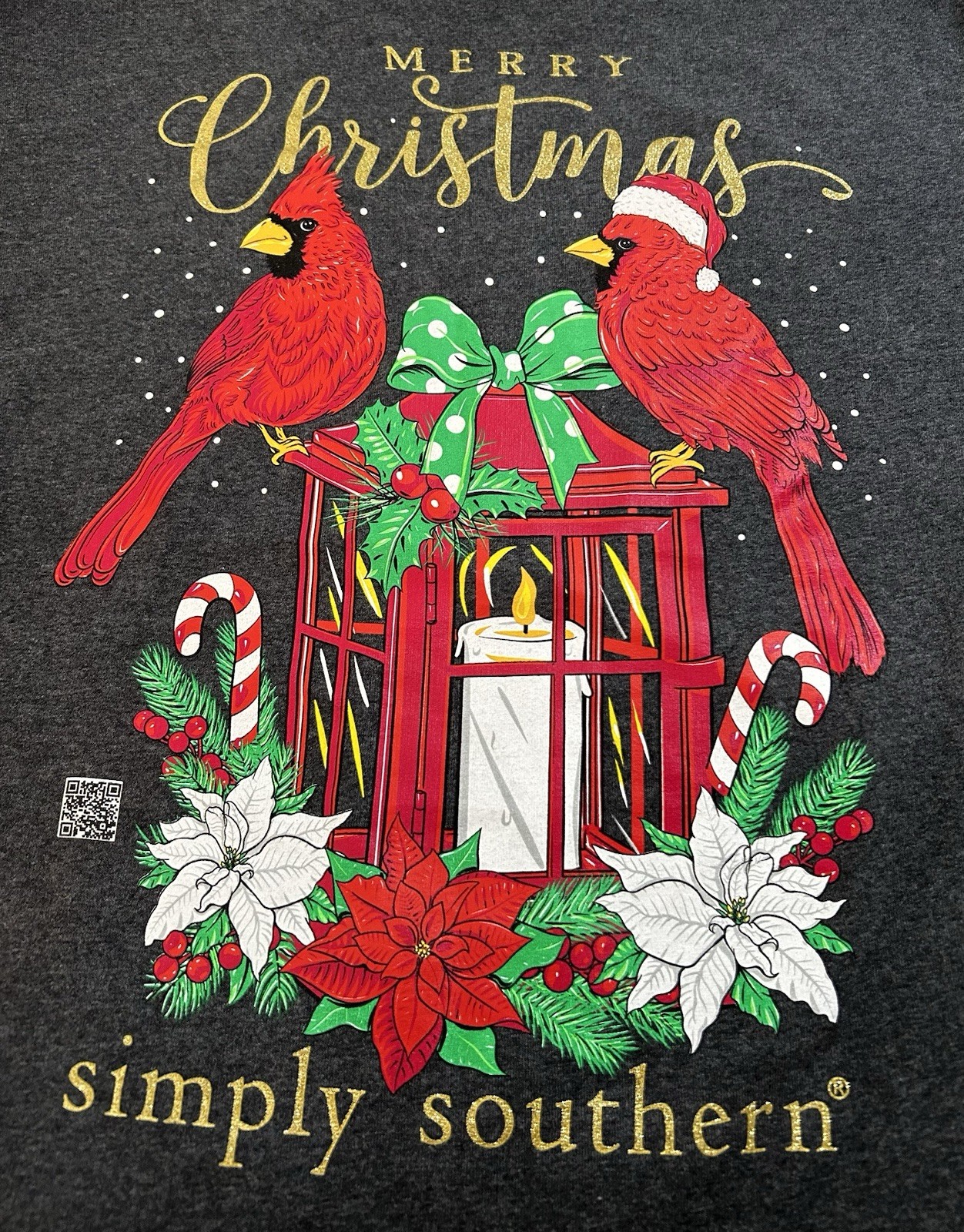Simply Southern Women’s M Merry Christmas Cardinals & Poinsettias Gray LS Tee