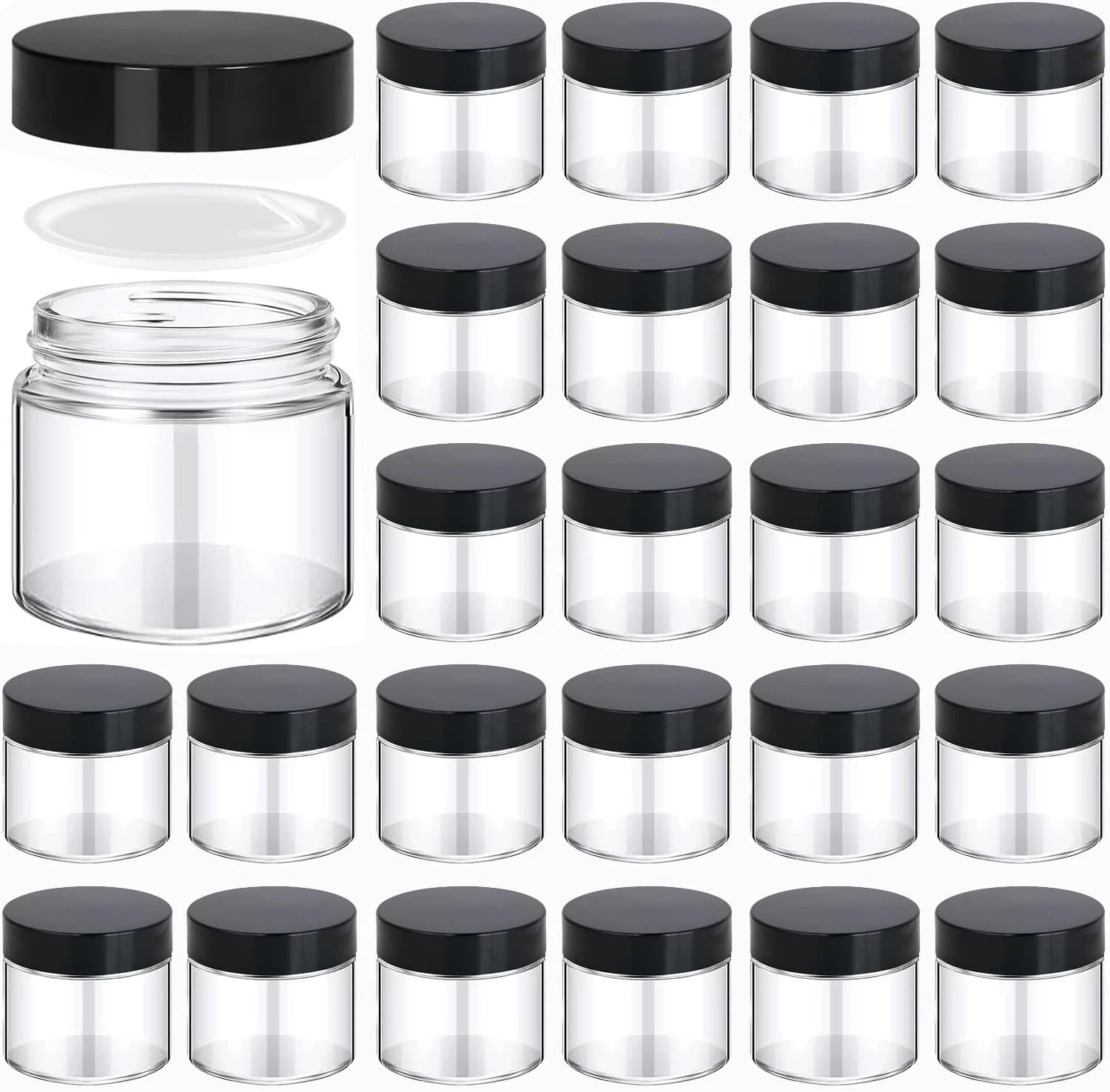 24 Pack 2 oz Round Clear Glass Cosmetic Jars 2oz 24Pack, Black,