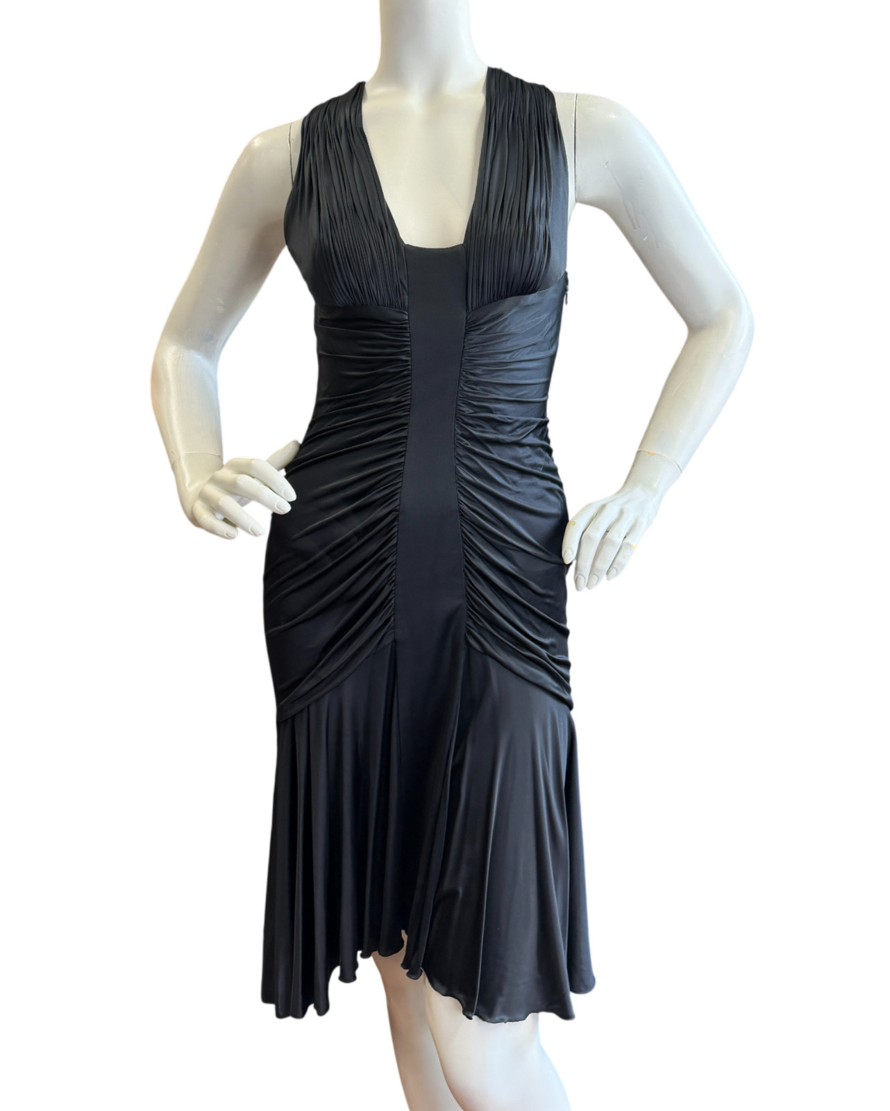 Vintage VERSACE Jersey Plunging Ruched Dress 42 6 US Black Sleeveless F/W 2006 image 3