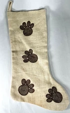 Jingles & Joy Christmas Stocking Pet Paws Natural Burlap and Brown Rhinestones