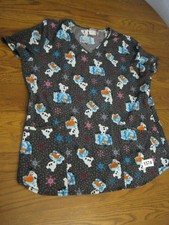Disney Frozen Olaf Scrub Top Black Short Sleeve Shirt Women  s Sz L Nurse Uniform